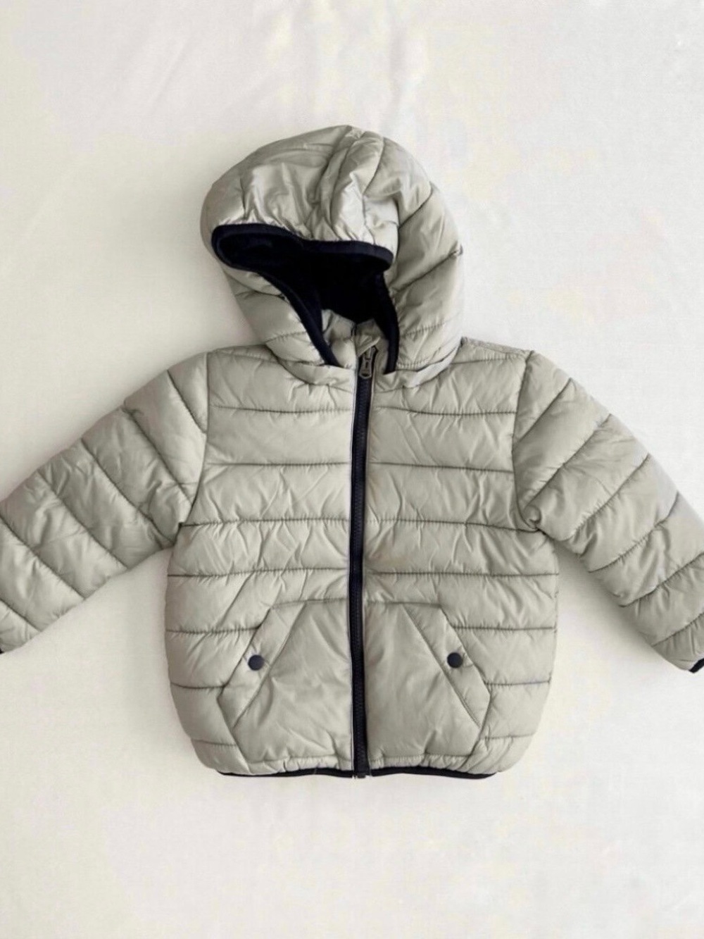 Zara Kids Hooded Puffer Jacket - Light Gray with Black Trim